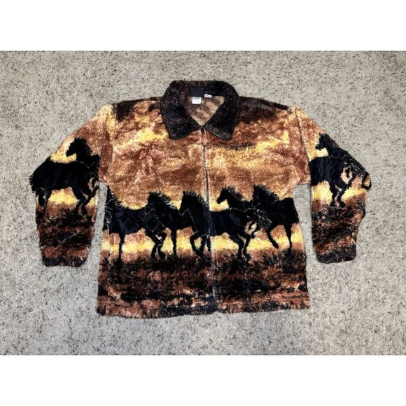 VTG Mazmanian Fleece Jacket Mens Full Zip Horses Equestrian AOP Native Retro XS - Picture 1 of 8